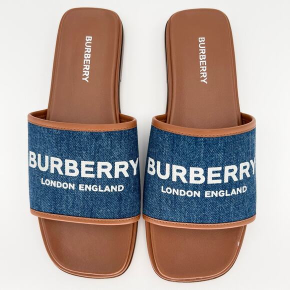 BURBERRY Carolyn Denim Logo Flat Slide EU 38.5 US 8.5 Blue Brown Two Tone Sandal - Picture 7 of 11